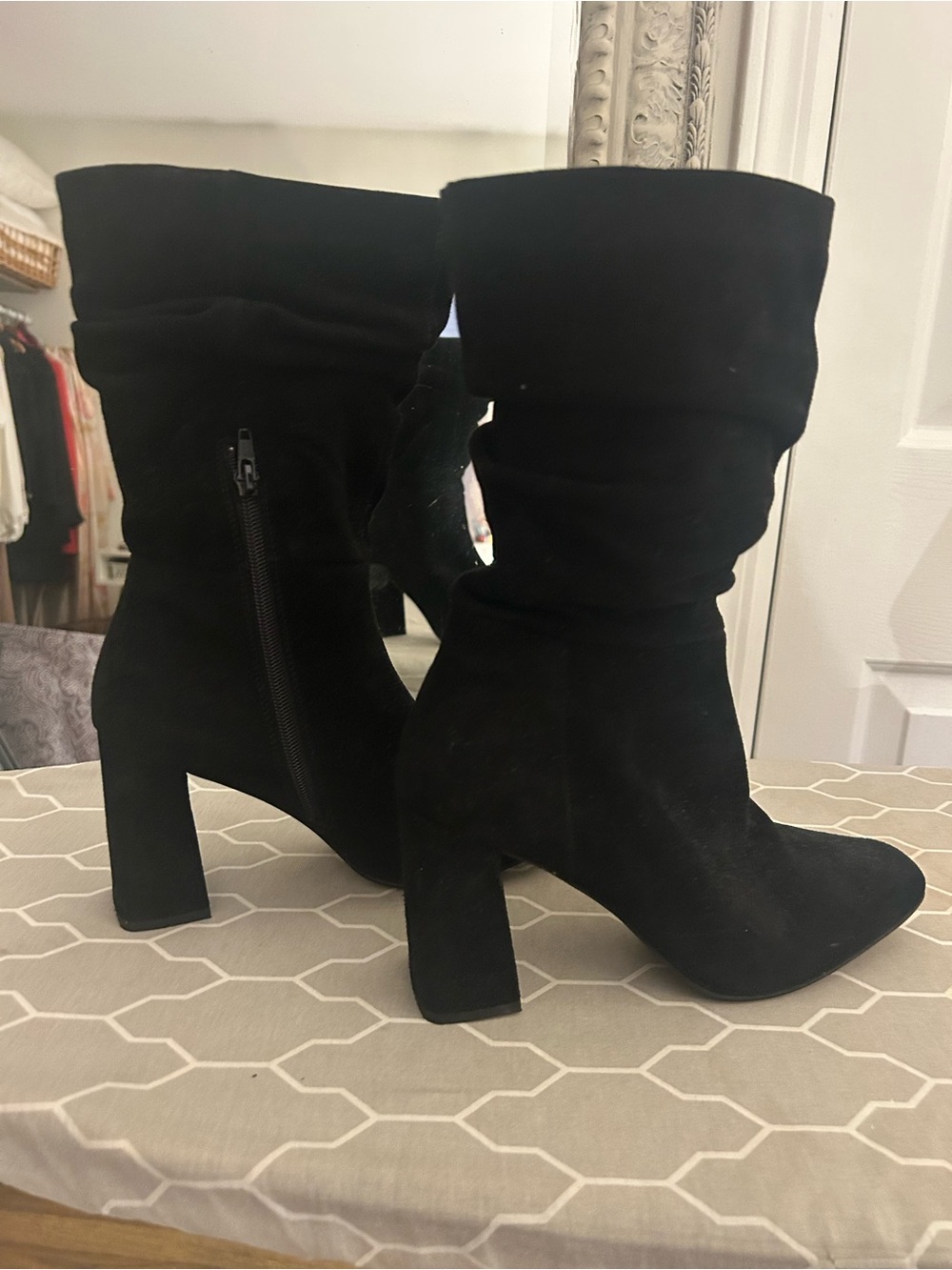 Steve Madden Classic Black Suede Mid-Calf Block Heel Boots